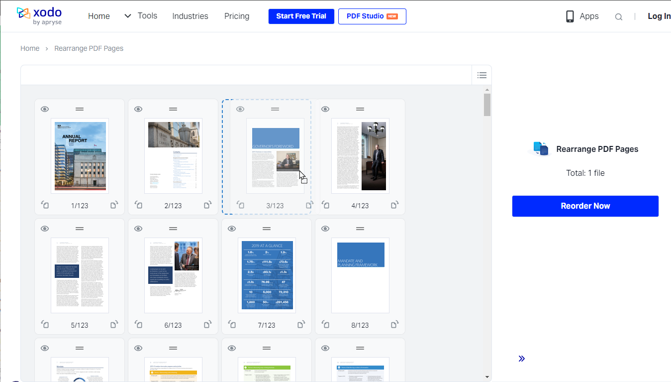Rearrange PDF pages online with Xodo
