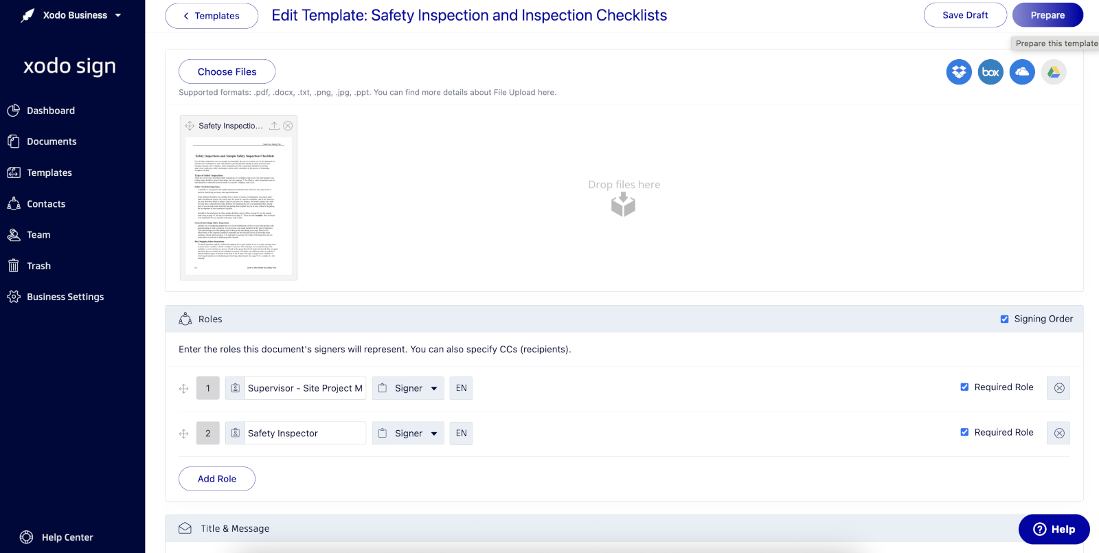 Preparing DocuSign template document in Xodo Sign