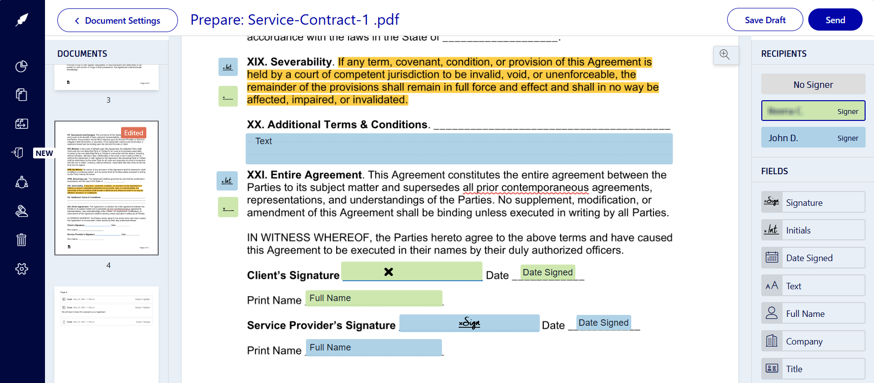 Steps to add signing fields to a document
