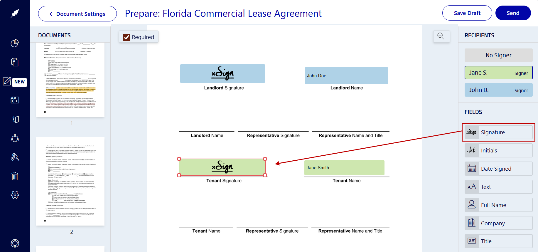 Adding signature and form fields to lease agreements in Xodo Sign