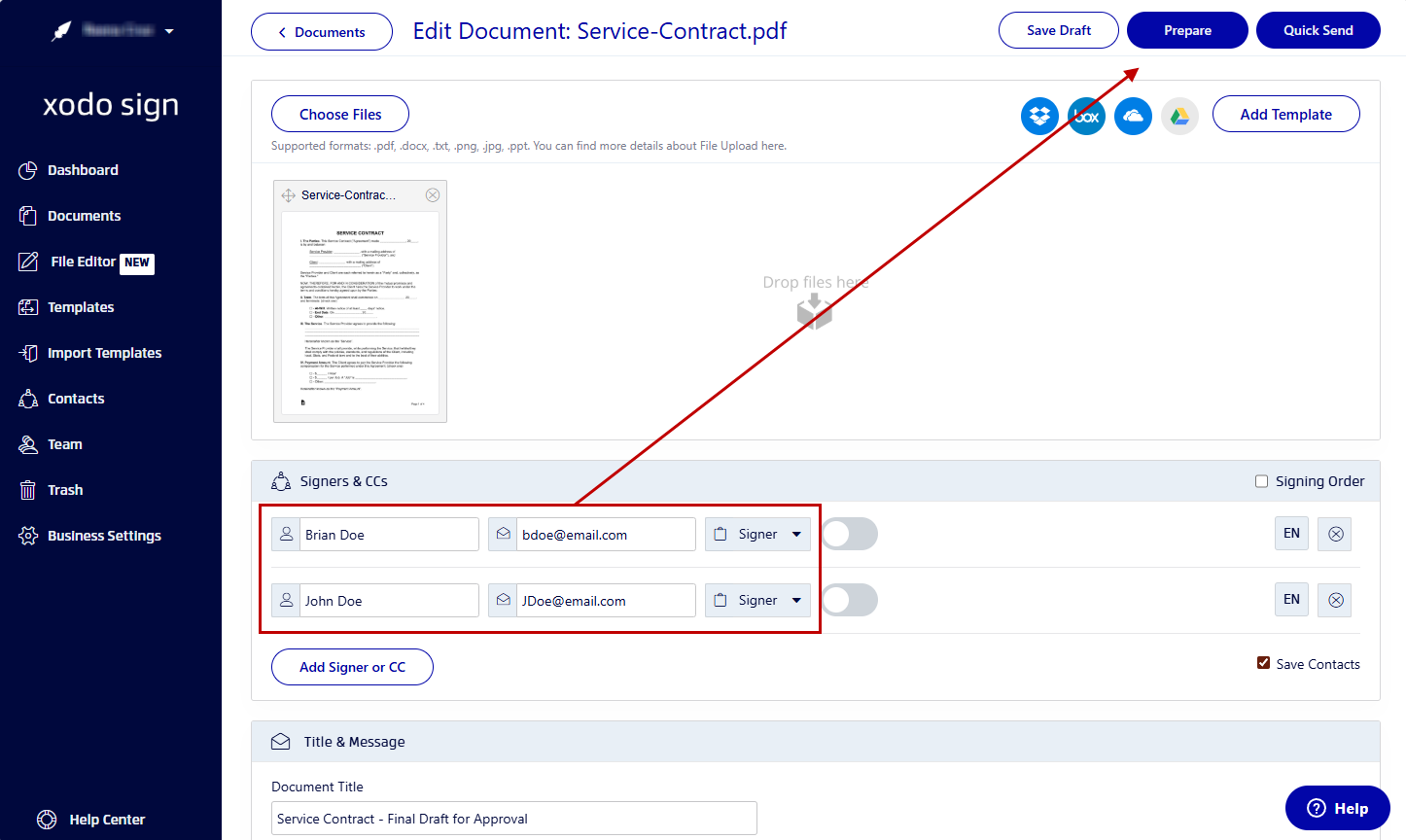 Preparing a contract for signatures in Xodo Sign