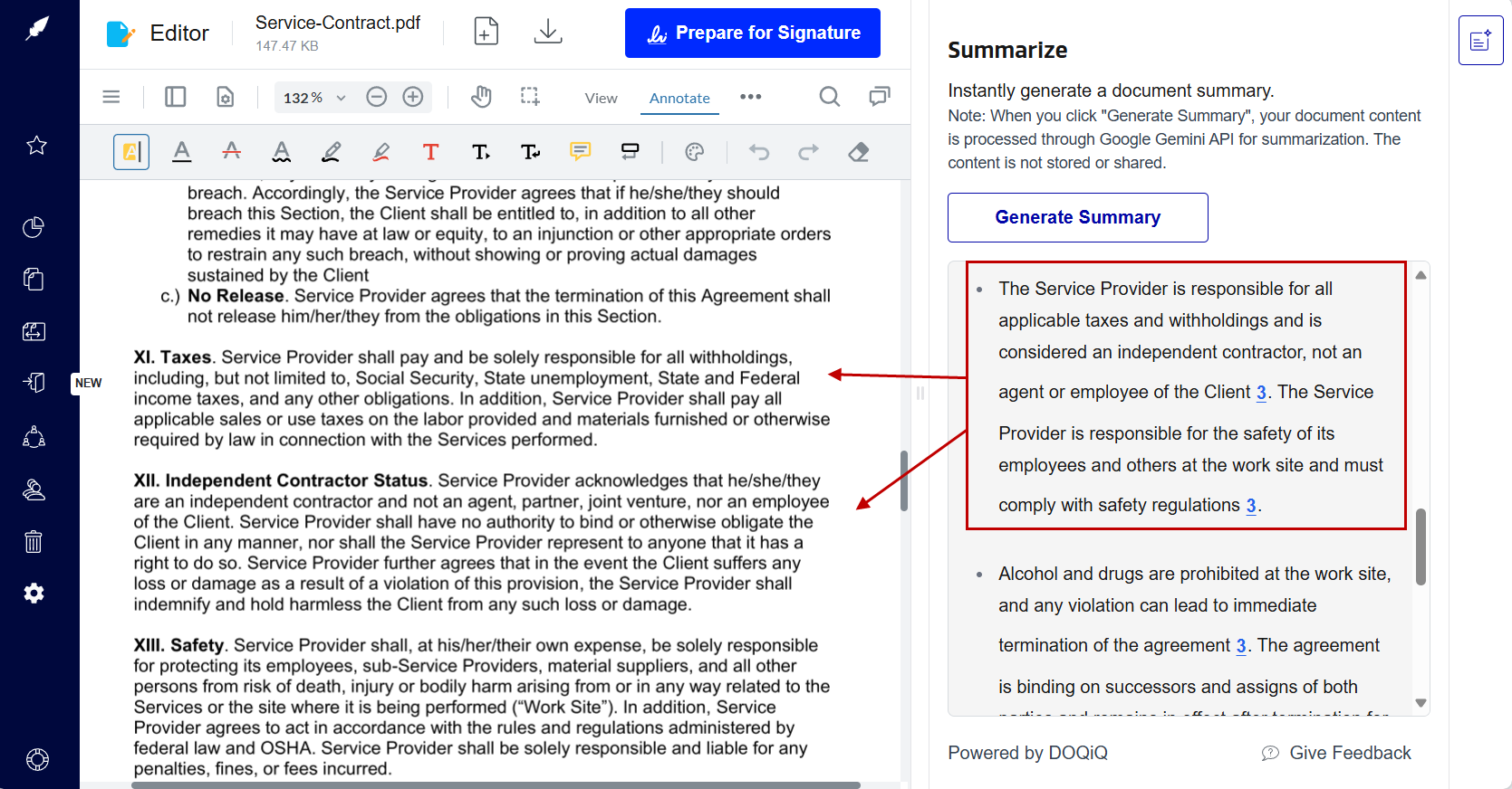 Examining AI summary of contract generated with Xodo Sign AI