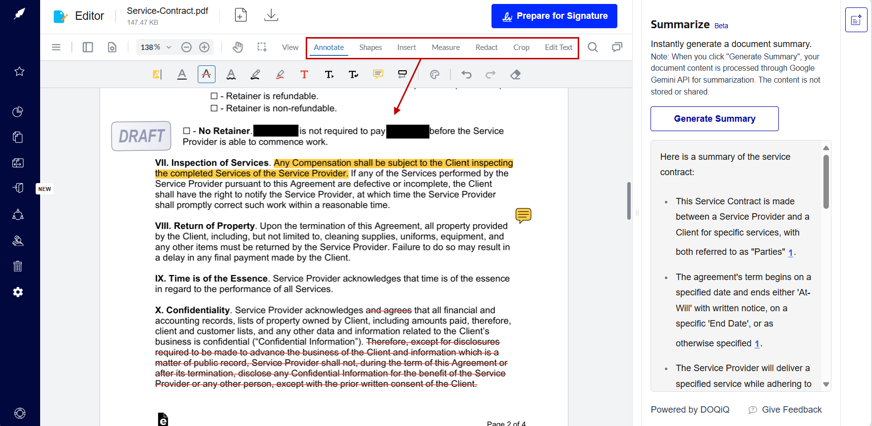 Editing a contract with Advanced Editor in Xodo Sign