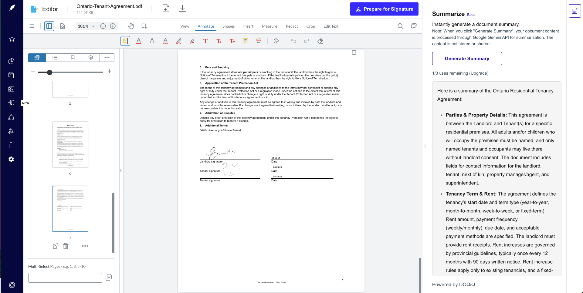 Summarizing contracts using the AI Summarizer in Xodo Sign’s Advanced Editor