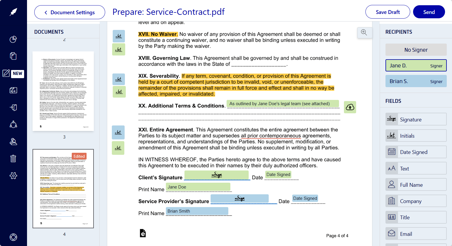 Editing the document in Xodo Sign after AI analysis