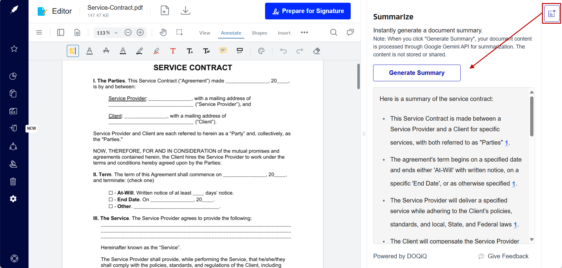 Summarizing contracts for review with Xodo Sign AI Summarizer