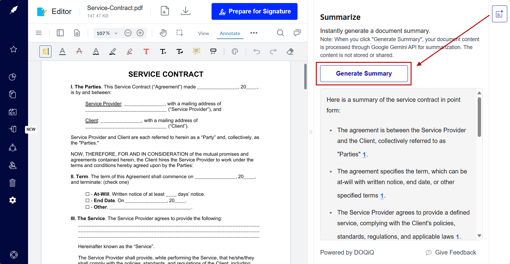 Summarize contract information with Xodo Sign AI